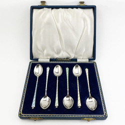 Beautiful Boxed Set of six Coloured Enamel Tea Spoons (1959)