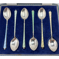 Beautiful Boxed Set of Six Coloured Enamel Tea Spoons
