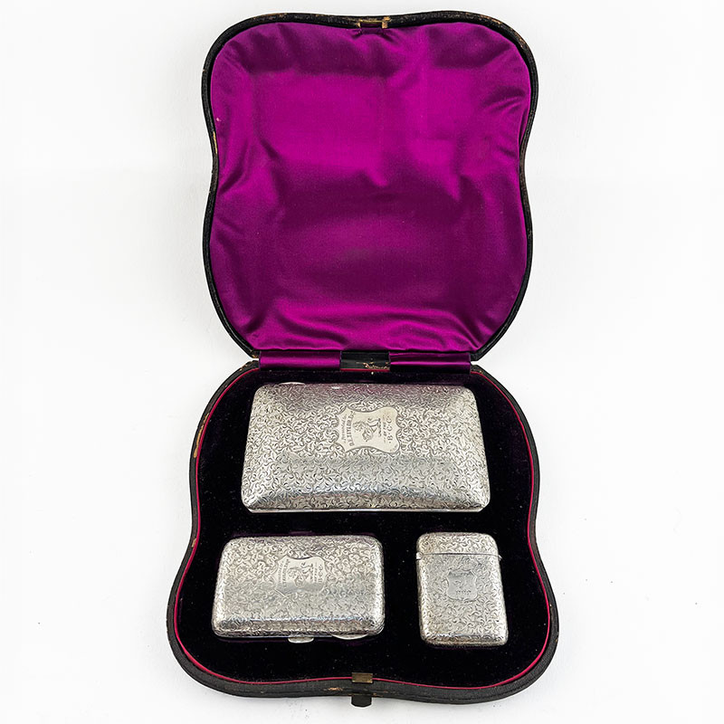 Unusual Sterling Silver Cased Set of Matching Smoker’s Cases (1889)