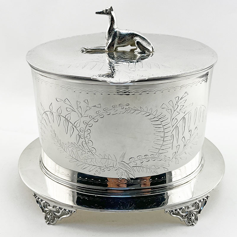 Victorian Silver Plated Biscuit Box with Whippet or Greyhound Motif Finial (c.1890)