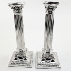 Corinthian Style Silver Plated Candlesticks with Detachable Shaped Reeded Nozzles (c.1890)