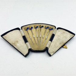 Boxed Set of Six Sterling Silver and Enamel Cocktail Picks (1928)