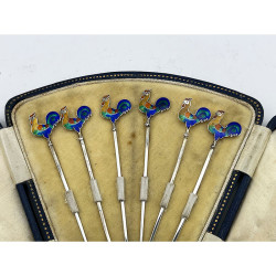 Boxed Set of Six Sterling Silver and Enamel Cocktail Picks