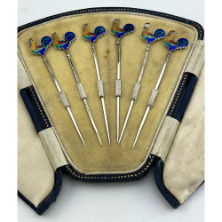 Boxed Set of Six Sterling Silver and Enamel Cocktail Picks
