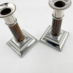 Pair of Unusual Victorian Coromandel and Silver Plated Candlesticks