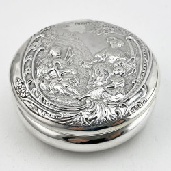 Victorian Sterling Silver Trinket Box Featuring Females and a Man Playing the Bag Pipes (1900)