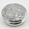 Victorian Sterling Silver Trinket Box Featuring Females and a Man Playing the Bag Pipes (1900)
