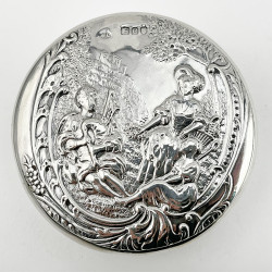 Victorian Sterling Silver Trinket Box Featuring Females and a Man Playing the Bag Pipes