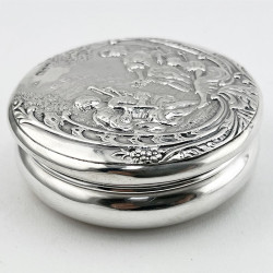 Victorian Sterling Silver Trinket Box Featuring Females and a Man Playing the Bag Pipes