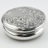 Victorian Sterling Silver Trinket Box Featuring Females and a Man Playing the Bag Pipes