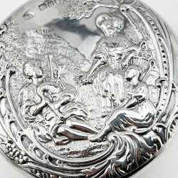 Victorian Sterling Silver Trinket Box Featuring Females and a Man Playing the Bag Pipes
