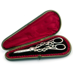 Boxed Pair of Victorian Silver Plated Grape Shears in a Red Silk and Velvet Box