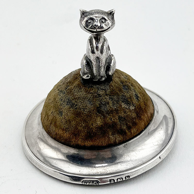Novelty Edwardian Sterling Silver Pin Cushion Modelled as a Cat (1909)