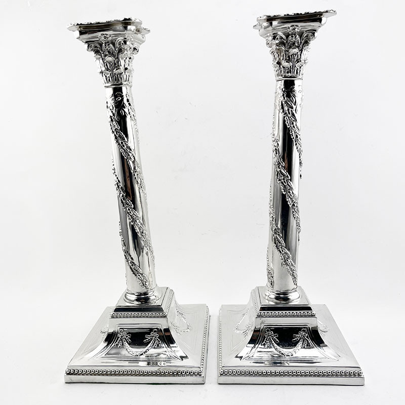 Substantial Pair of Silver Plated Candlesticks with Corinthian Style Capitals (c.1900)