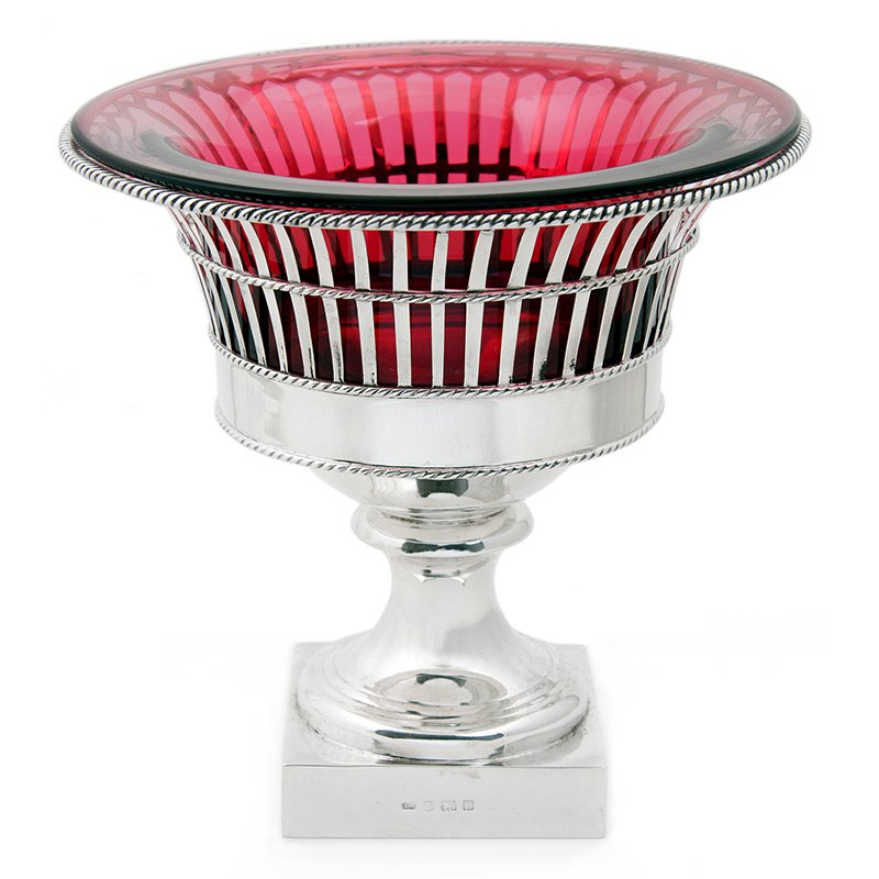 Antique Silver Ruby Glass Lined Campana Shaped Bowl or Vase (1912)