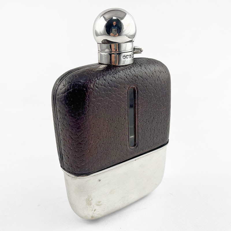 Exceptional Large Sterling Silver and Leather Hip Flask (1919)