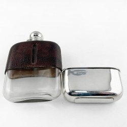 Exceptional Large Sterling Silver and Leather Hip Flask