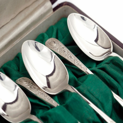 Boxed Set of 12 Silver Tea Spoons and Pair of Sugar Tongs