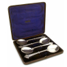 Set of Four Boxed Victorian Silver Plate Serving Spoons Chased with a Grape and Vine Pattern