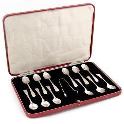 Set of Twelve Boxed Edwardian Silver Tea Spoons and Tongs