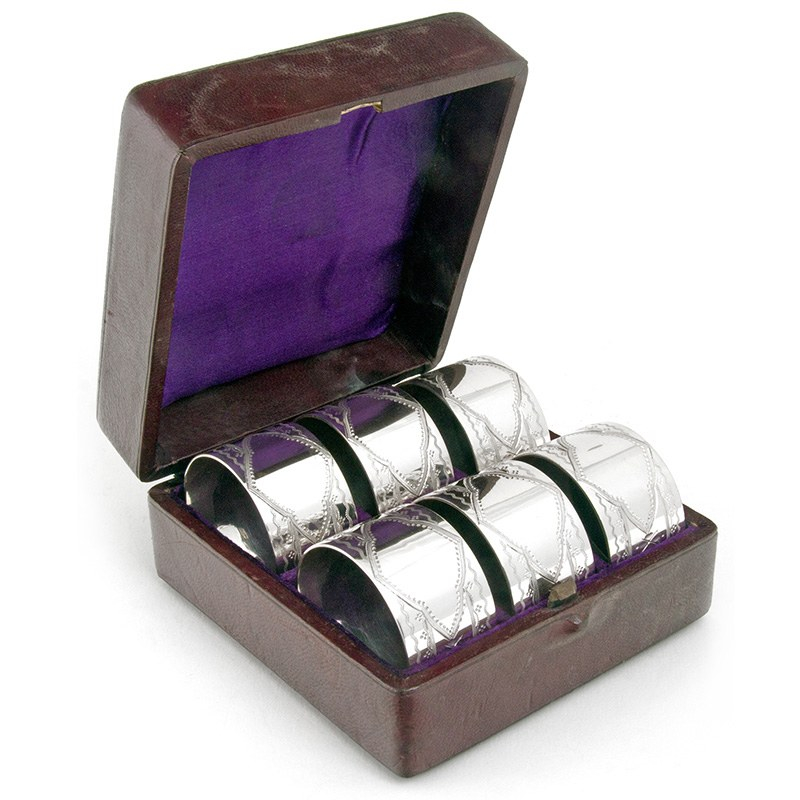 Set of Six Boxed Antique Silver Plate Napkin Rings