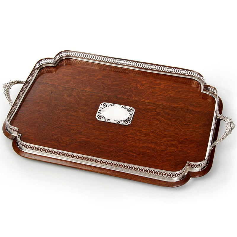 Late Victorian Oak & Silver Plate Shaped Gallery Tray