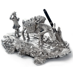 Silver Plated Ink Well Depicting a Peasant Farmer and Donkey with Baskets