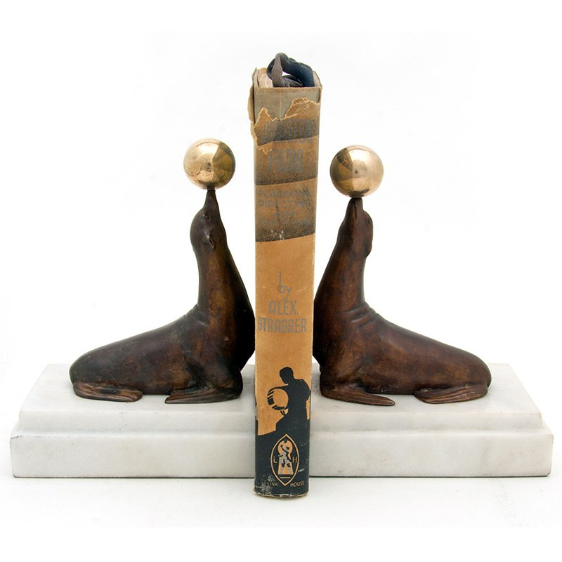 Pair of Bronze Seal with a Ball Statue Bookends on a Marble Base