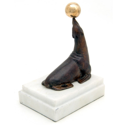 Pair of Bronze Seal Statues Standing on a Marble Base Bookends