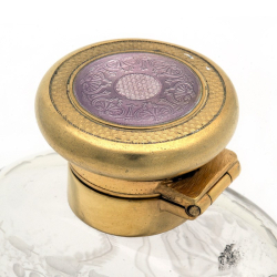 Silver Gilt and Clear Glass Hip Flask with a Mauve Guilloche Enamel Lid