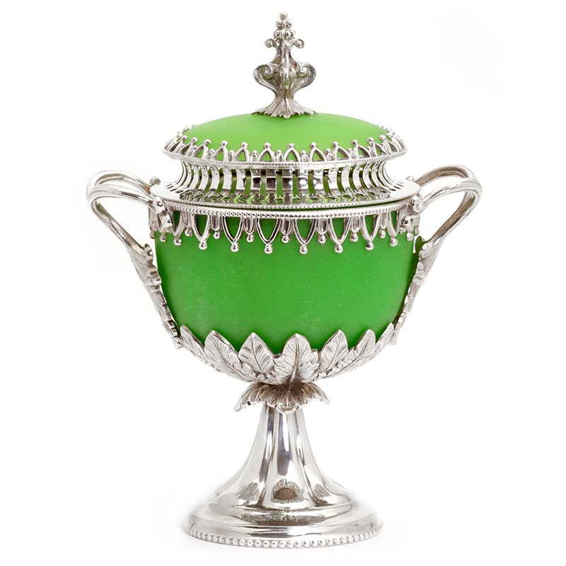 Decorative Victorian Silver Plate Cast Sugar Urn with Green Opeline Glass Liner