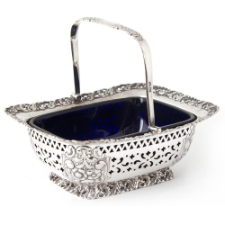Late Victorian Silver Swing Handle Basket with Bristol Blue Glass Liner