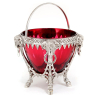 Cast Victorian Silver Plated Sugar Basket with Ruby Glass Liner