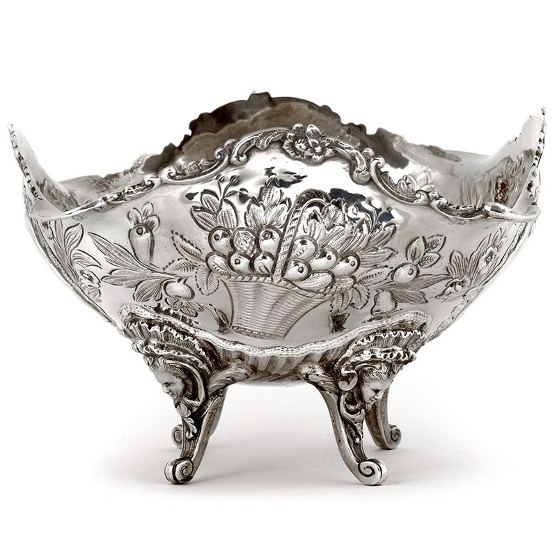 Victorian Silver Four Footed Bowl Heavily Chased with Baskets of Flowers