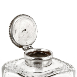 Square Glass and Silver Lidded Inkwell with a Plain Circular Rope Border Lid
