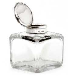 Square Glass and Silver Lidded Inkwell with a Plain Circular Rope Border Lid