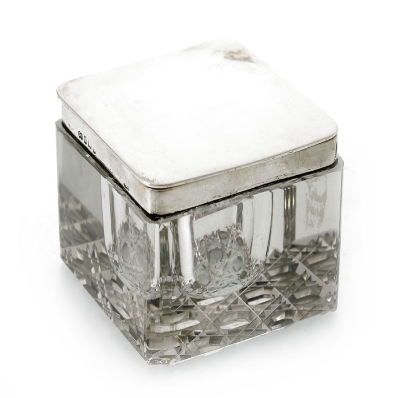 Square Hob Cut Glass Inkwell with a Plain Silver Top
