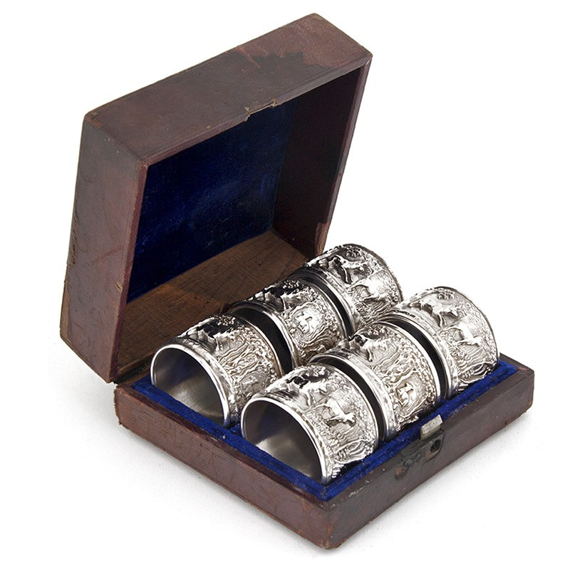 Six Victorian Silver Plate Napkin Rings Depicting Stags and Deer in a Forest