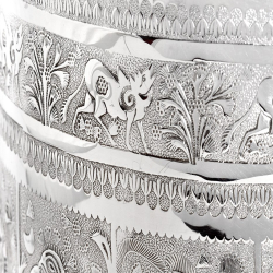 Decorative Victorian Silver Plate Biscuit Barrel with Scenes of Asian Gods and Animals