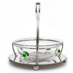 Art Nouveau Silver Plate and Glass Basket with Applied Peacock Trails