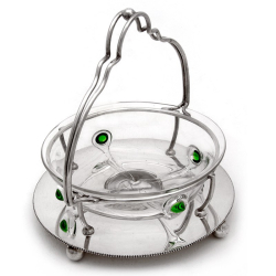 Art Nouveau Silver Plate and Glass Basket with Applied Peacock Trails