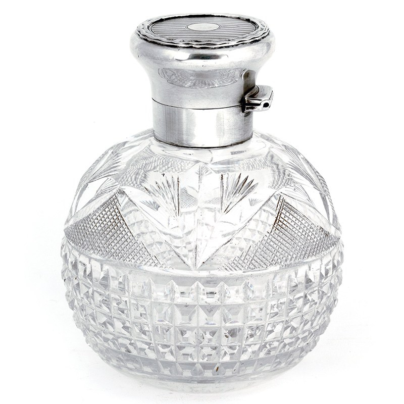 Cut Glass and Silver Topped Plain Hinged Lid Perfume Bottle with Engine Turning on the Top