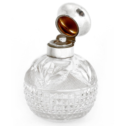 Cut Glass and Silver Topped Plain Hinged Lid Perfume Bottle with Engine Turning on the Top