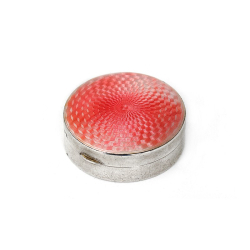 Round Silver and Pink Guilloche Enamel Box with Removable Mirror