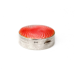 Round Silver and Pink Guilloche Enamel Box with Removable Mirror
