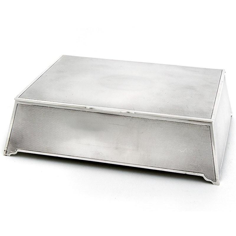 Art Deco Style Silver Box with Engine Turned Design, Sloping Sides and Cedar Wood Lining