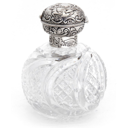 Large Silver Topped and Cut Glass Perfume Bottle with Push Button Lid