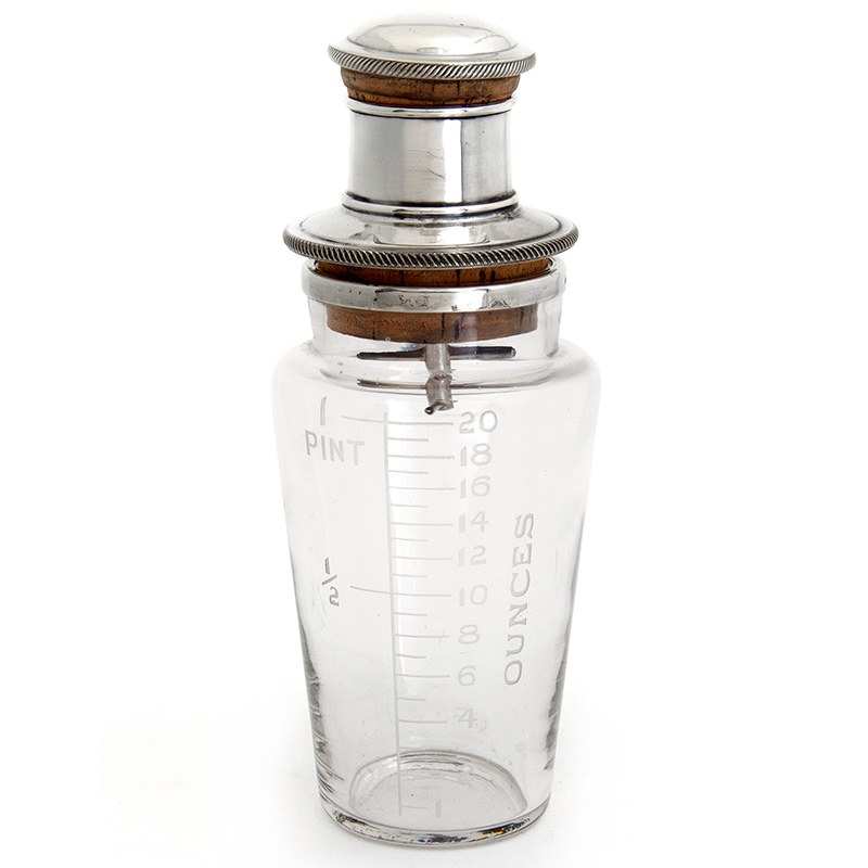 Glass and Silver Plate Cocktail Shaker with Acid Etched Measuring Scale on the Side