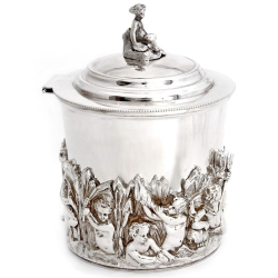 Late Victorian Antique Silver Plate Mappin & Webb Circular Biscuit Box with Cherub Finial