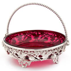 Large Decorative Antique Silver Plate Swing Handle Basket with a Ruby Glass Liner
